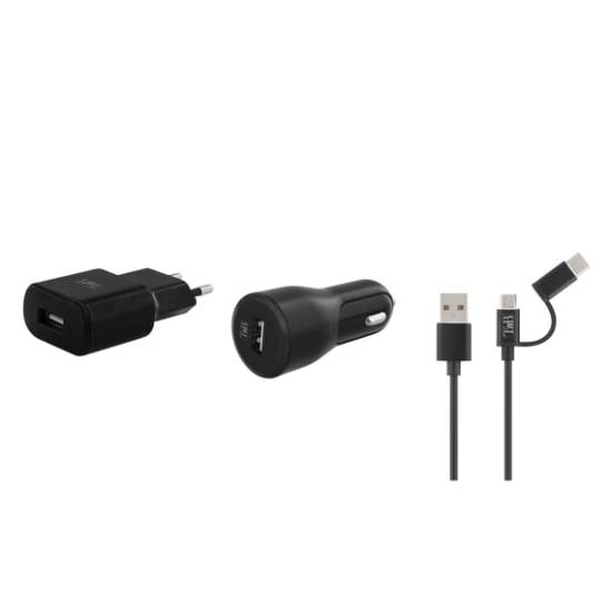 1 pack recharge USB chargeur mural + chargeur voiture + câble 2 en 1 12W TNB