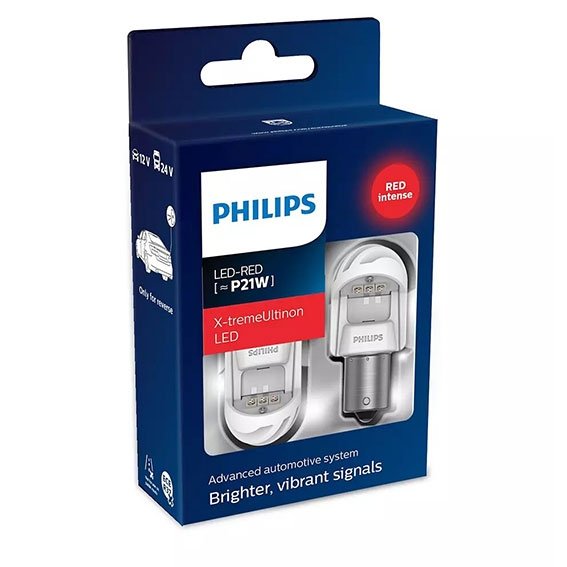 Ampoule P21W LED XTREME ULTINON ROUGE X2 PHILIPS - 11498XURX2 PHILIPS - Feu  stop additionnel